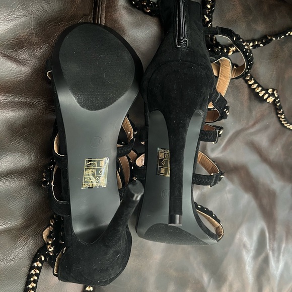 Black & Gold Chain Detail Lace Up Heels - Picture 6 of 8